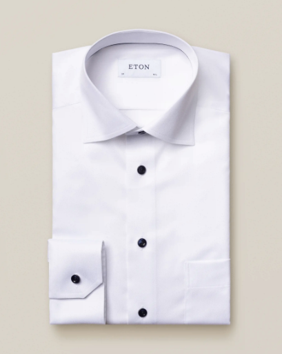Contemporary Fit White Twill Shirt with Dark Blue Buttons