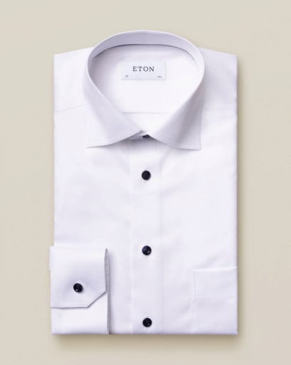 Contemporary Fit White Twill Shirt with Dark Blue Buttons – John Craig