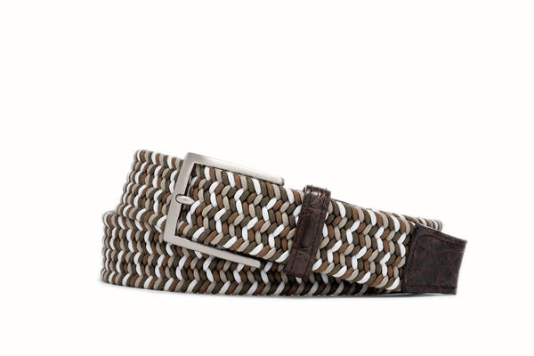 Plaid Woven Stretch Belt with Crocodile Trim