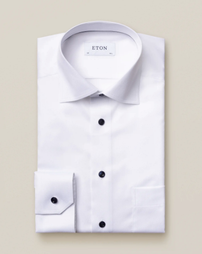 Slim Fit White Twill Shirt with Dark Blue Buttons