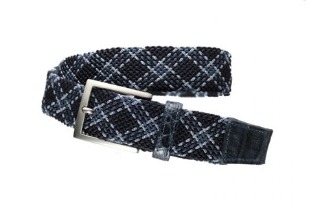 Plaid Woven Stretch Belt with Crocodile Trim