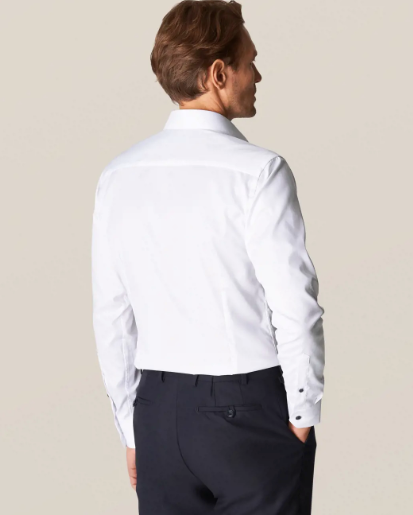 Contemporary Fit White Twill Shirt with Dark Blue Buttons John Craig